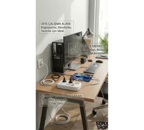 2500W Çoklu Priz 2 METRE – 3’lü AC Priz +5 USB Çıkışı AKIM KORUMALI Alev Almayan Gövde